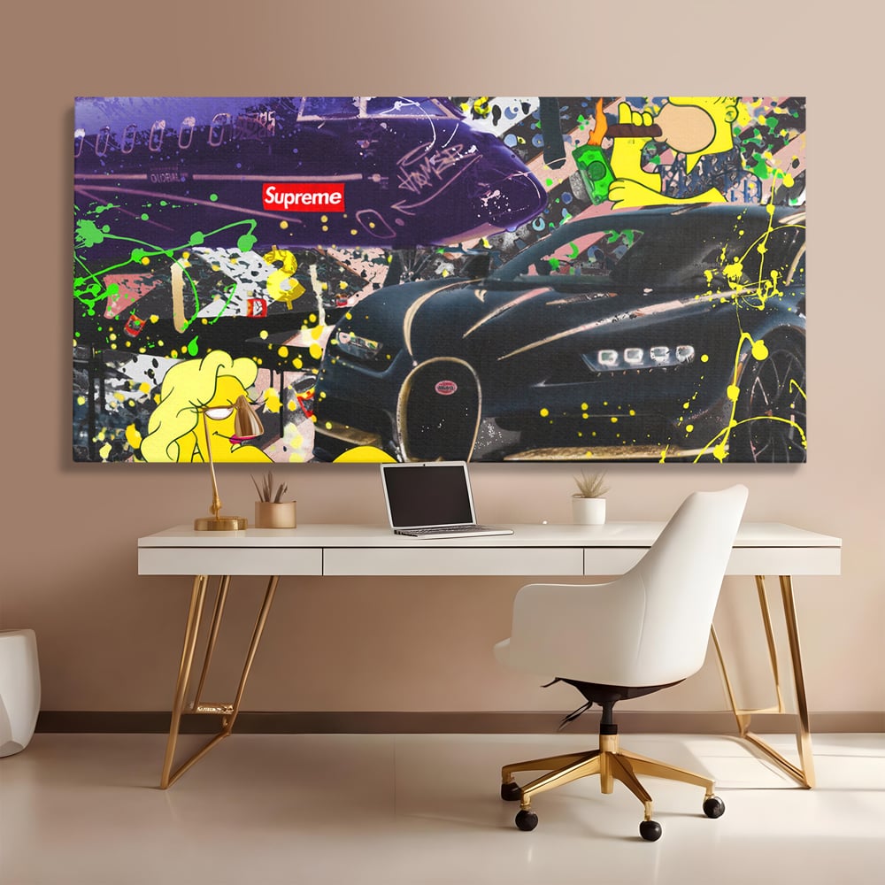 Tablou canvas cu tablou canvas cu homer simpson si masina de lux, fara rama, pe sasiu de lemn, pe perete intr-un birou